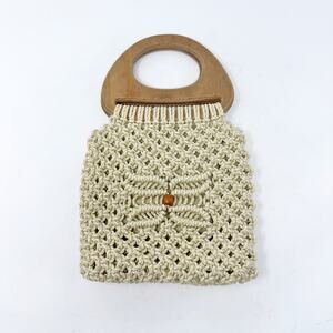 Vintage James Pugh Macrame Wooden Handle Boho Crochet Handbag Cream